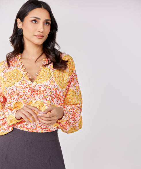 Loop Attached Printed Chiffon Top